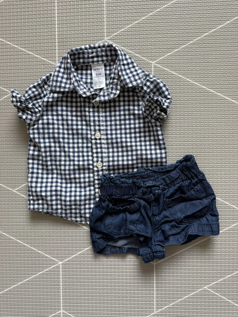 Carter's|Baby girl Navy & White Gingham Button-Up Shirt,short sleeve & shorts•••